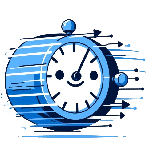 A whimsical illustration of a smiling clock with a blue striped pattern, moving quickly to the right, as indicated by speed lines, suitable for alternative text generation by an AI generator to create image alternative text.