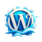 A 3D logo of WordPress surrounded by stylized blue waves and bubbles, ideal for alternative text generation by an AI generator focused on image alternative text.