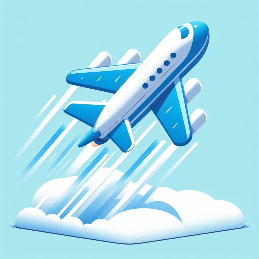 An illustrated image of a blue and white airplane ascending with speed lines, set against a light blue background with fluffy white clouds.