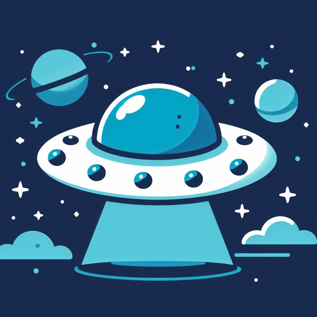 A colorful illustration of a flying saucer in space with planets, stars, and clouds on a dark blue background.