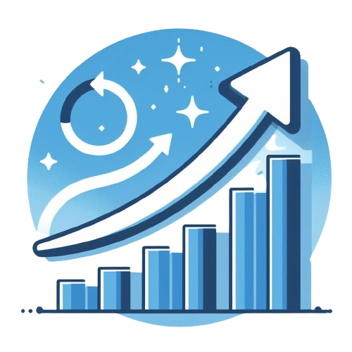 A stylized graphic of a blue upward trending arrow with a cycle symbol, overlaying a bar chart under a night sky with stars and a crescent moon, representing growth or improvement over time.